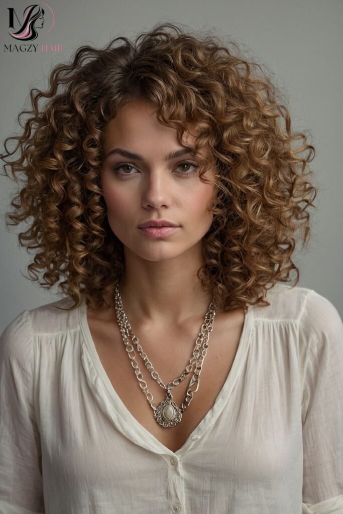 Curly Shoulder Length Hair With Curtain Bangs