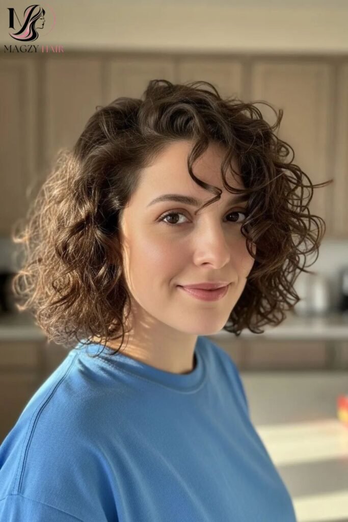 Curly Shoulder Length Bob With Side Part