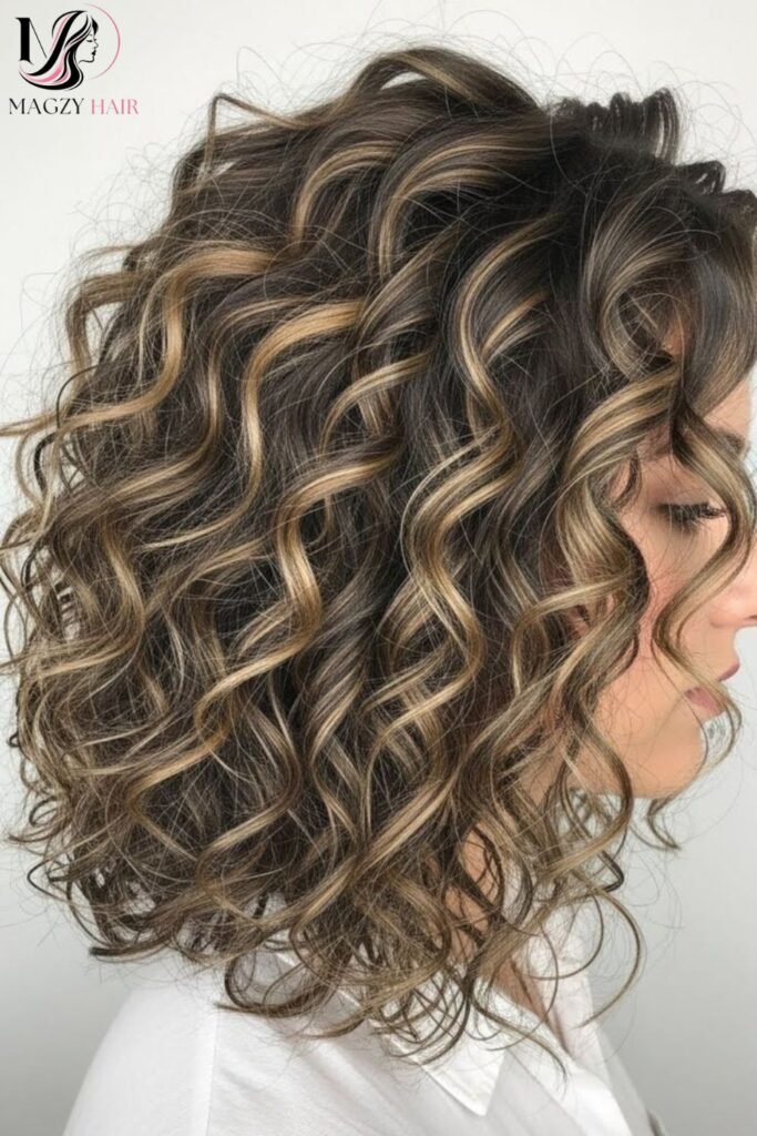 Curly Shoulder Length Hair With Balayage or Highlights