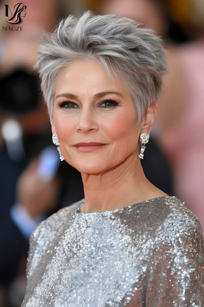 Gray Hairstyles for Older Women: Silver Pixie Cut