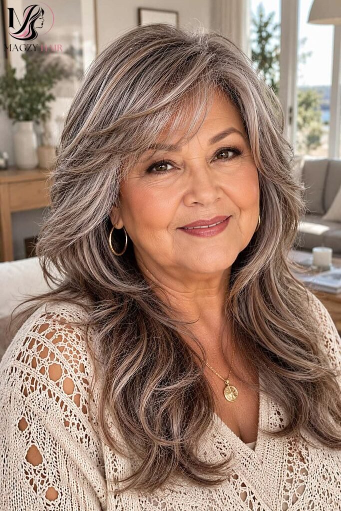 Gray Hairstyles for Older Women: Long Layered Gray Hair