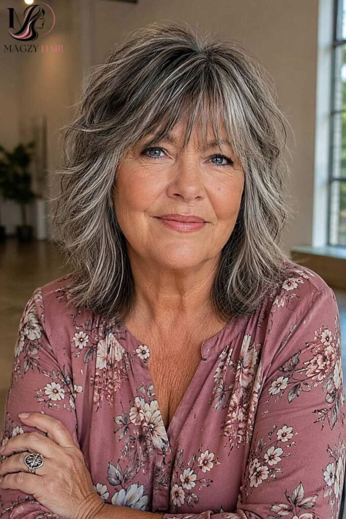 Gray Hairstyles for Older Women: Gray Shag With Bangs