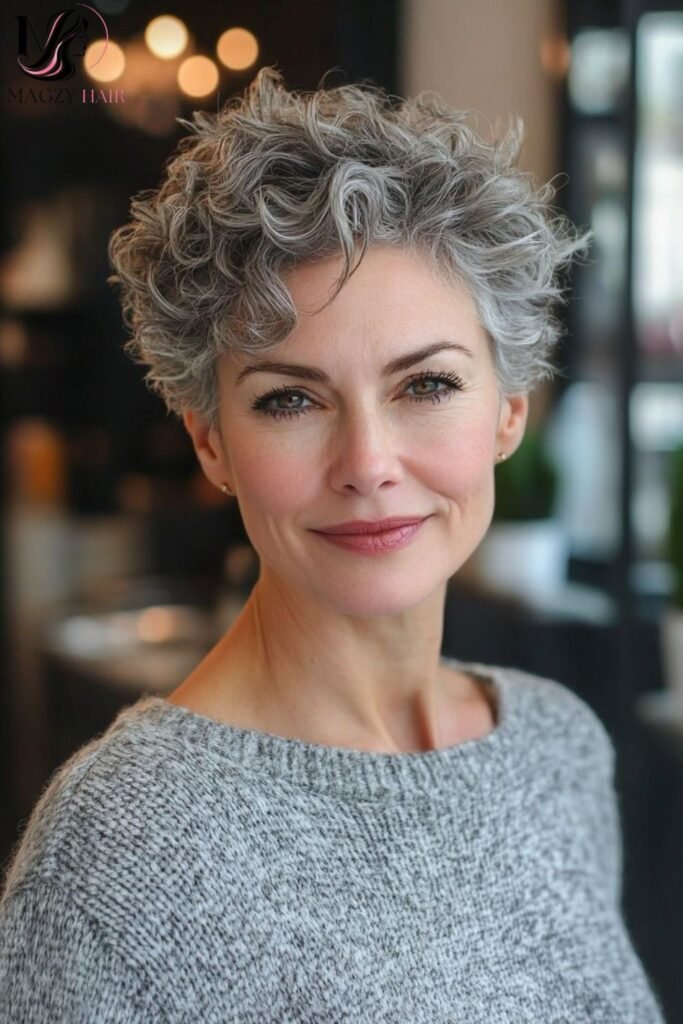 Gray Hairstyles for Older Women: Salt and Pepper Curly Crop