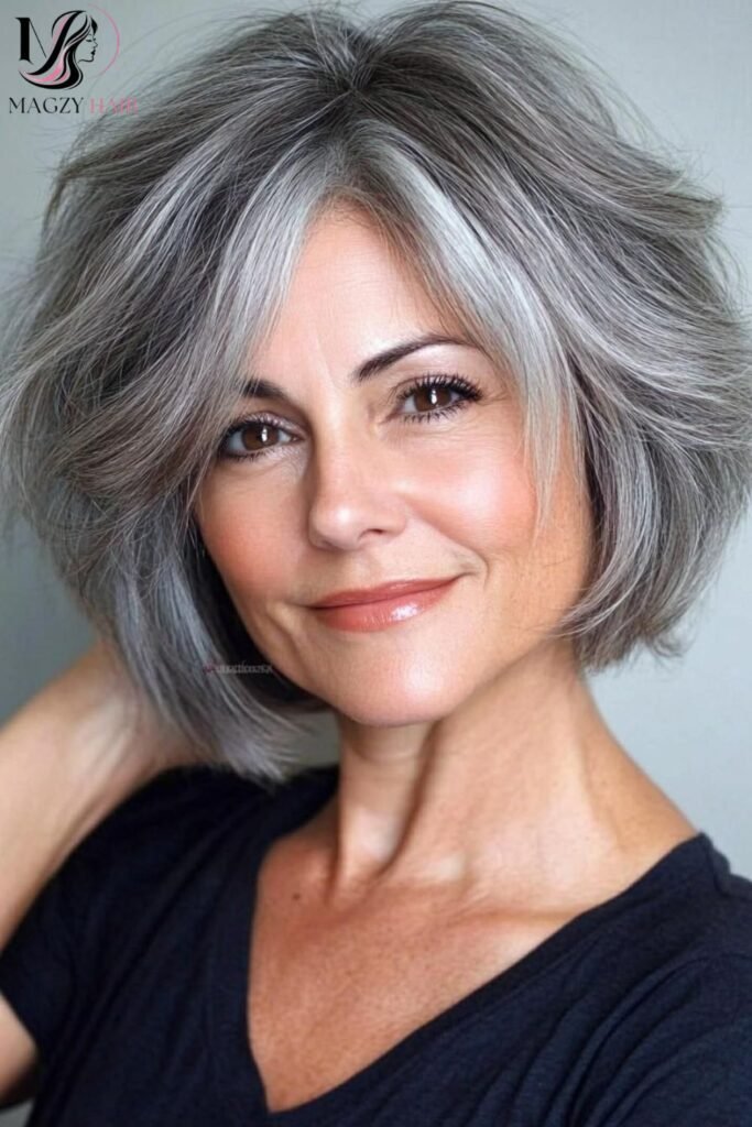 Gray Hairstyles for Older Women: Chin Length Gray Bob With Undercut
