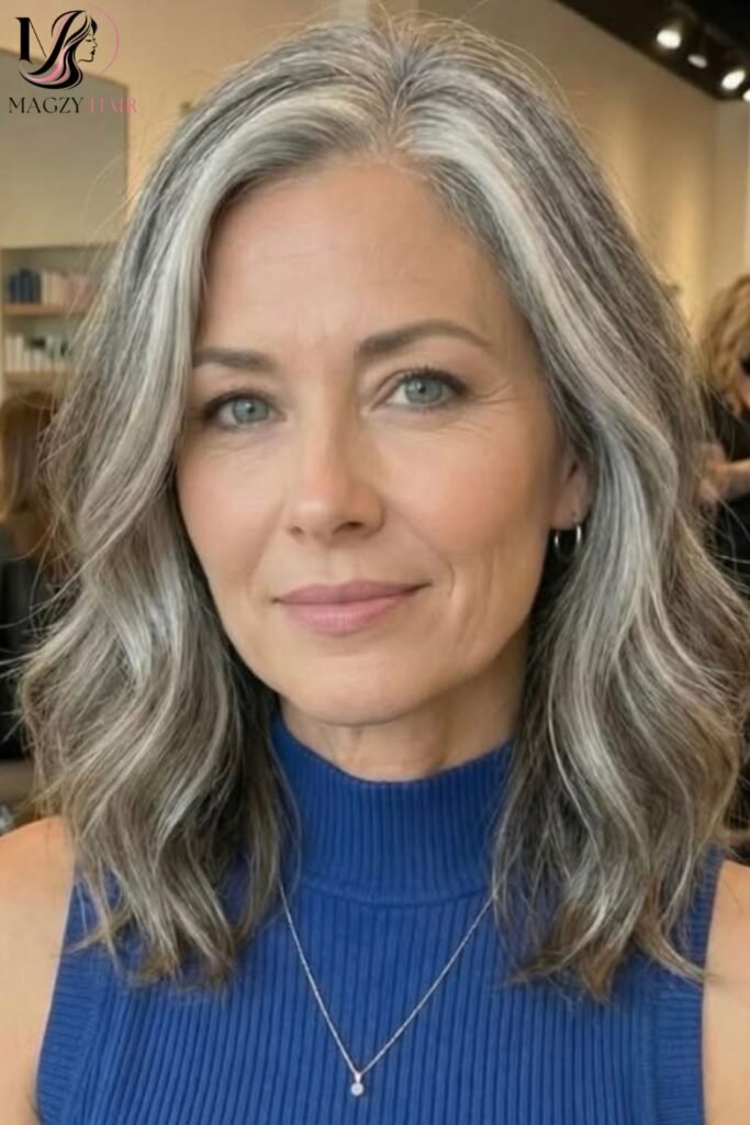 Gray Hairstyles for Older Women: Blended Gray Transition Grombre