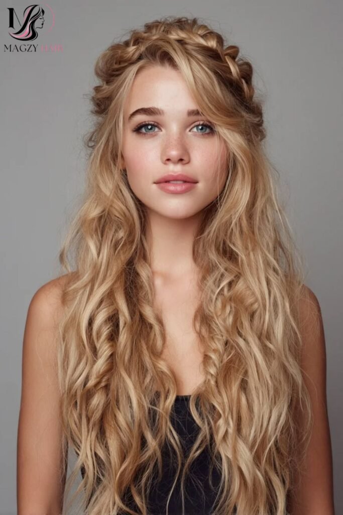 Braided Wavy Crown For Long Hair