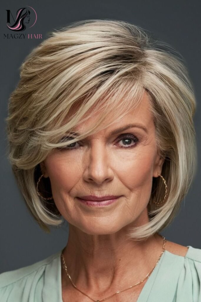 Layered Crop With Side Swept Bangs For Older Women