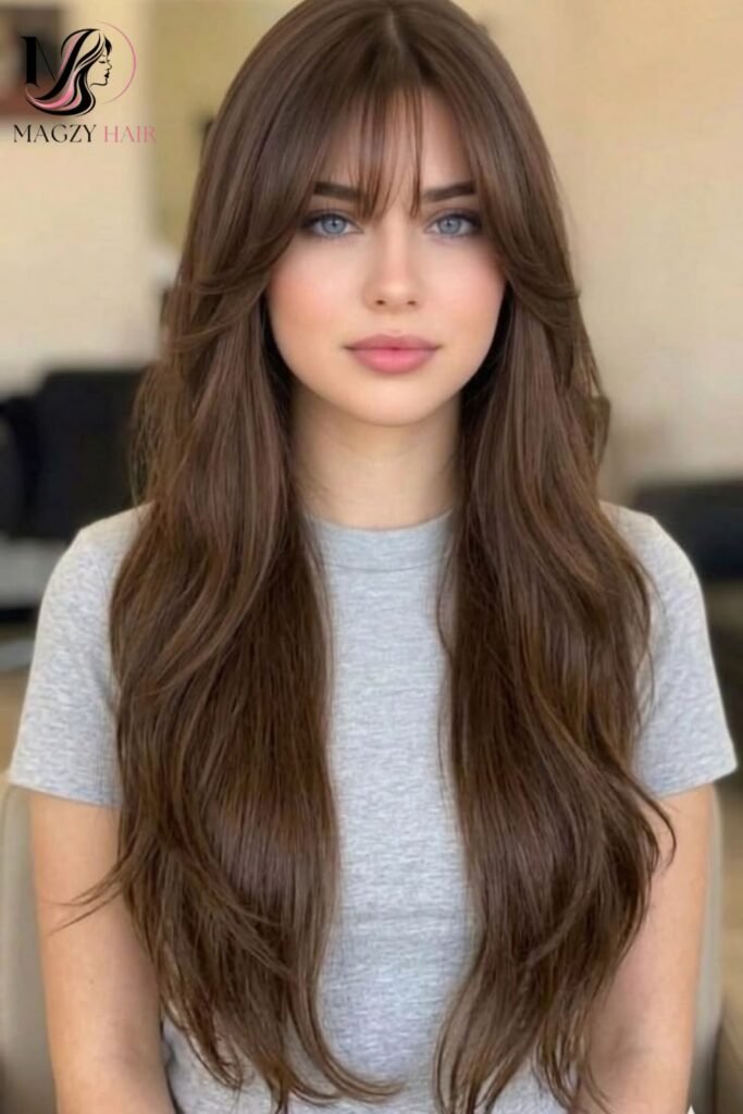 Long Layers with Full, Blunt Bangs