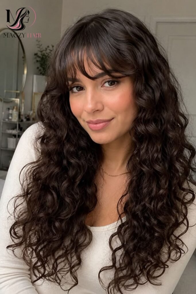 Curly Long Layers with Bangs