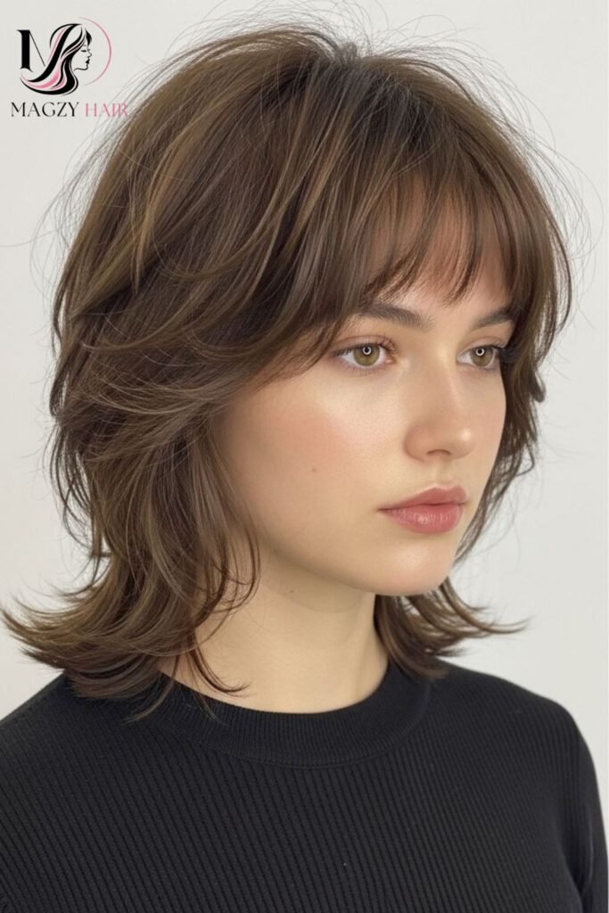 Short Shag With Curtain Bangs for Autumn Texture