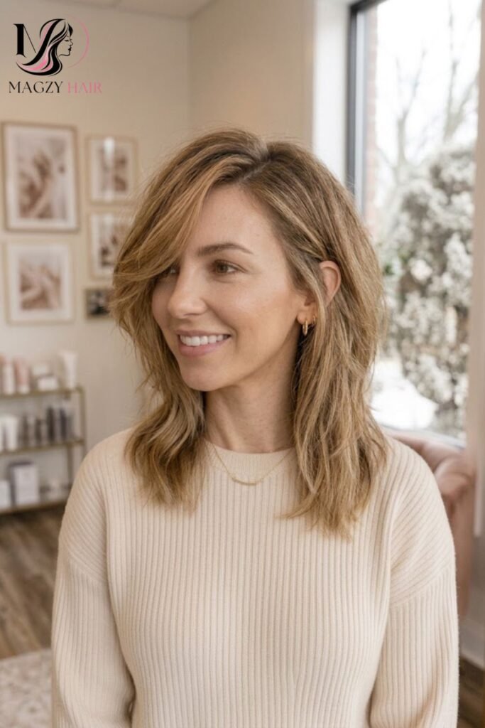 Medium Length Layers with a Deep Side Part