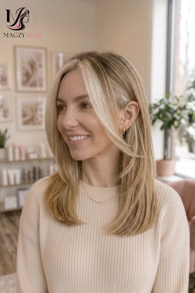 Medium Length Layers with Money Piece Highlights