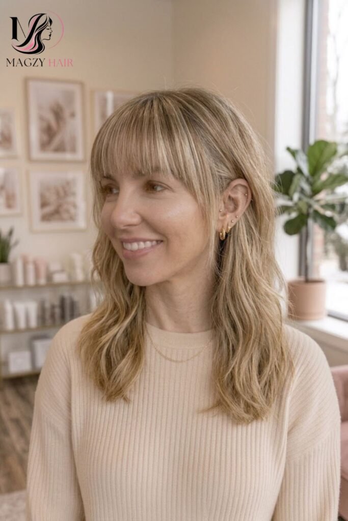 Medium Length Layers with a Blunt Fringe