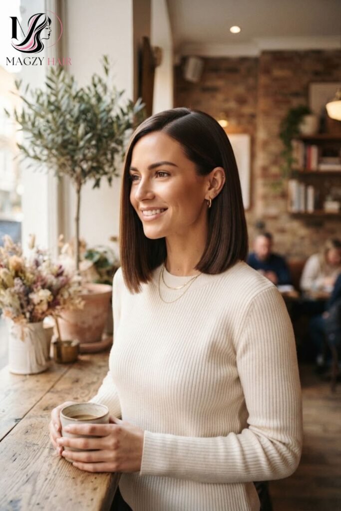 Sleek, Blunt Lob for a Polished Look
