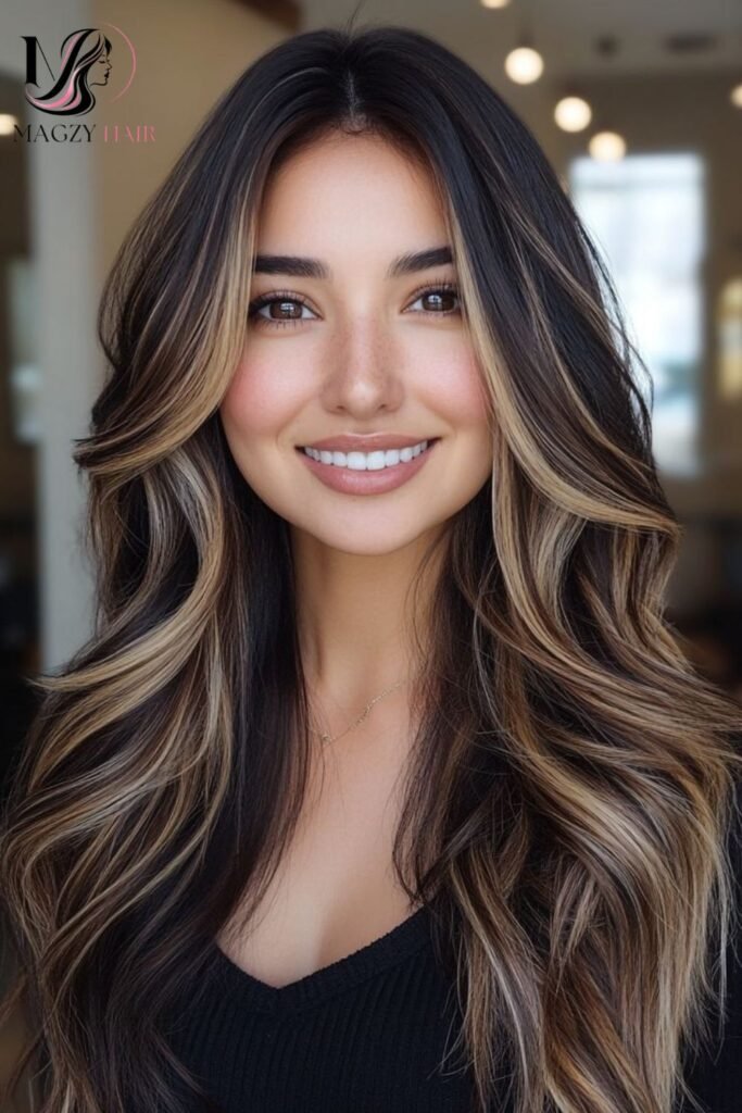Dark Brown Balayage with Face Framing Highlights