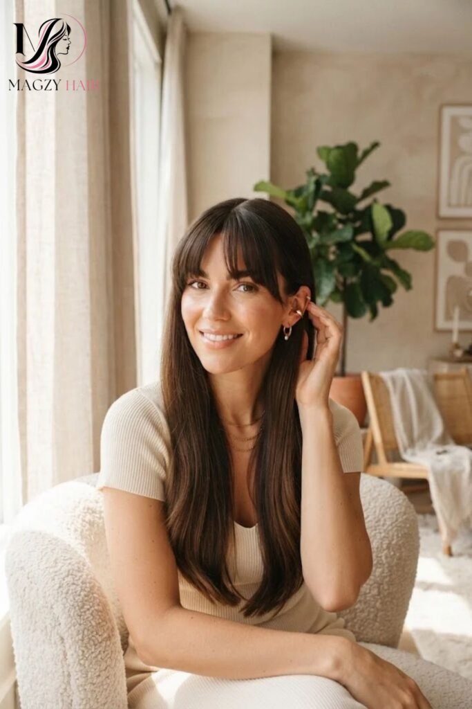 Long Hair With Bangs and a Deep Middle Part