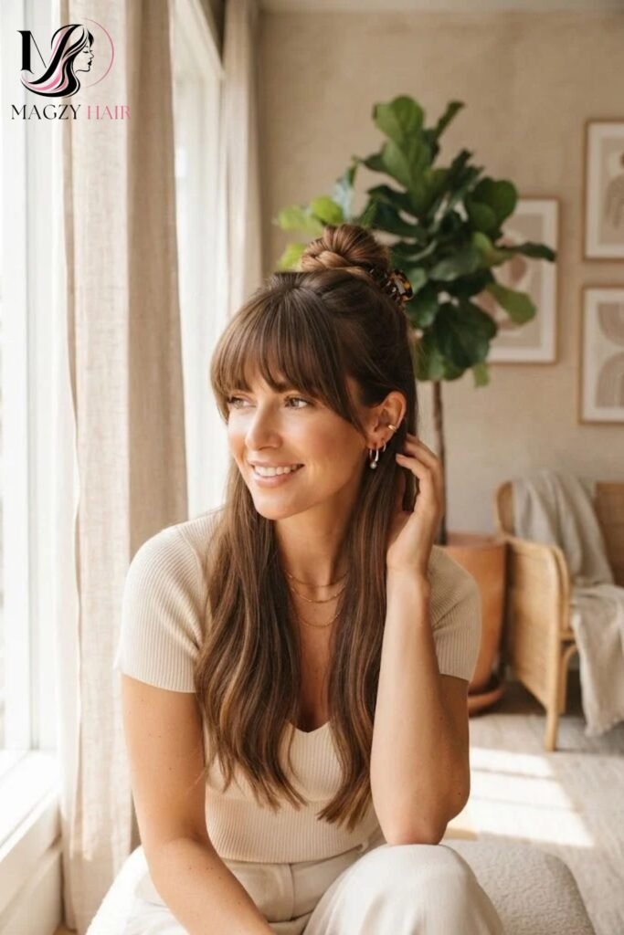 Long Hair With Bangs Styled Half Up
